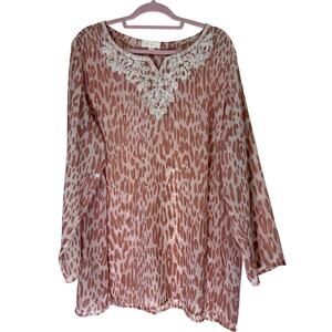 Belle Kim Gravel Pink Animal Print White Embroidery Tunic Blouse Top Size 2X